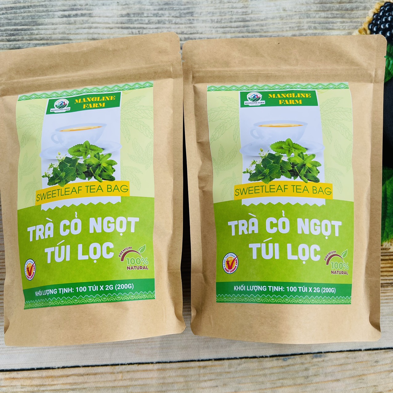 Bộ 2 gói trà cỏ ngọt túi lọc Mangline Farm Đà Lạt 100 túi lọc trà giảm cân