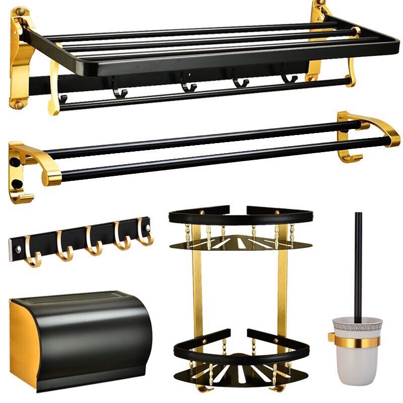 Bộ phụ kiện nhà tắm kệ đồ, móc treo 6 thiết kế vàng đen cao cấp, sang trọng.