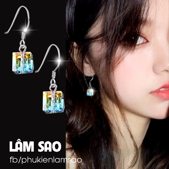Bông tai nữ bạc 925 pha lê swarovski áo hạt vuông 3d chuyển màu siêu đẹp- saovip