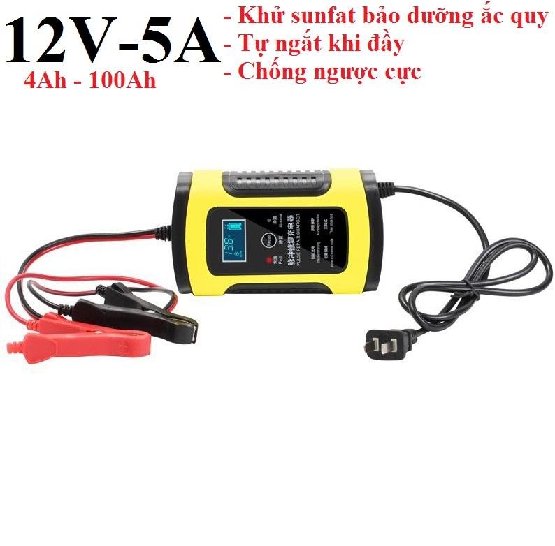 Máy sạc bình ắc quy thông minh tự ngắt khi đầy 12V/5A FOXSUR Có chức năng khử sunfat phục hồi bảo dưỡng ắc quy dùng cho các loại bình khô và nước...