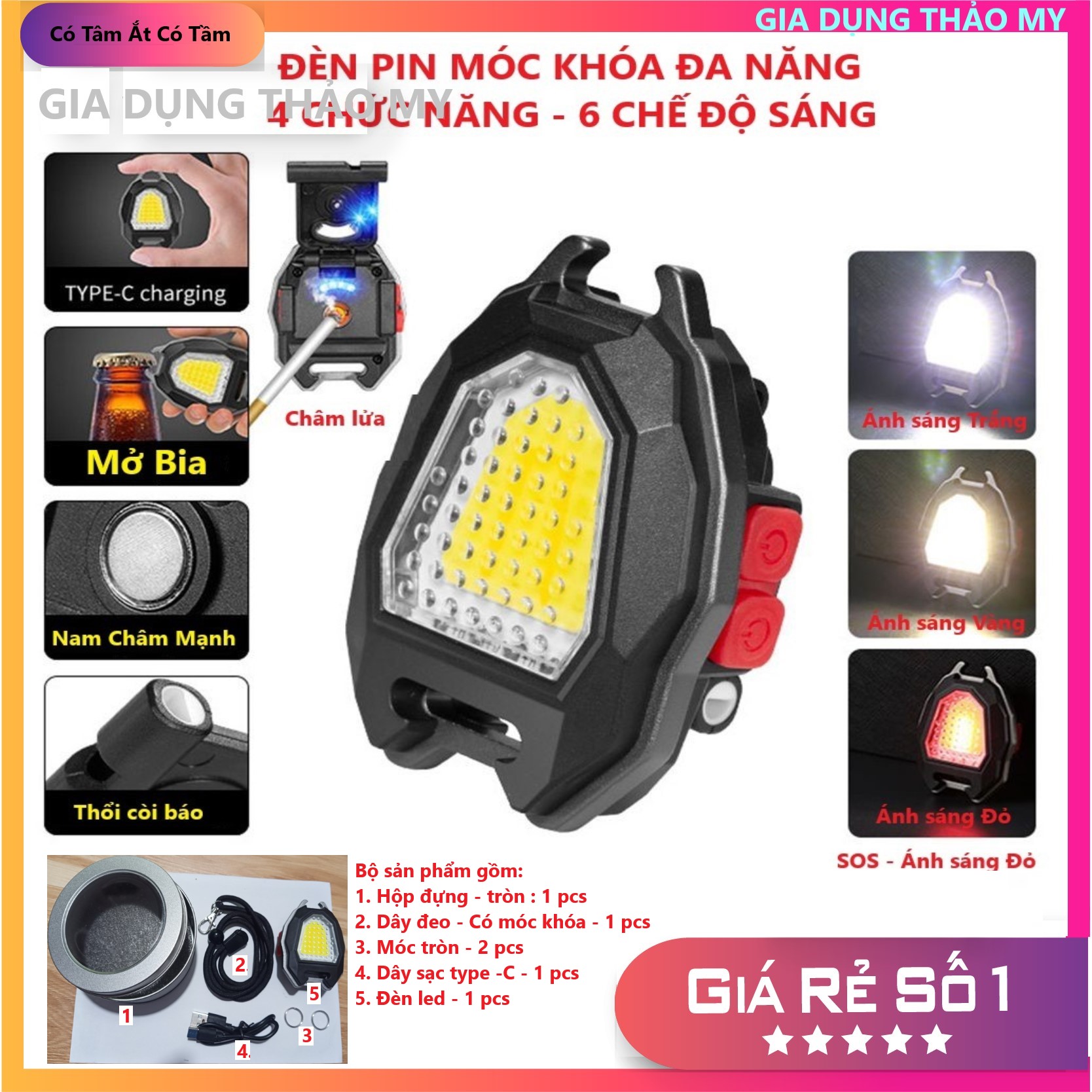 Đèn led mini móc khóa - đèn pin cob - đèn pin dã ngoại - sạc usb tiện dụng