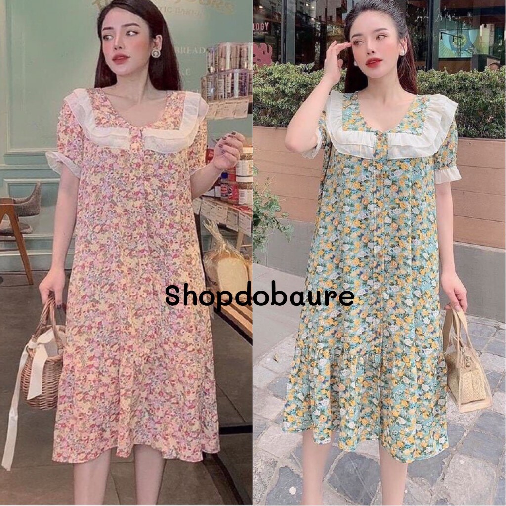 Váy bầu hoa nhí viền cổ trắng dễ thương