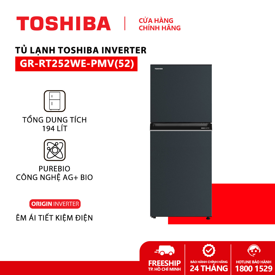 [FREESHIP] Tủ lạnh Toshiba Inverter 194 lít GR-RT252WE-PMV(52) - Khử mùi diệt khuẩn  - Ngăn Cooling Zone - Bảo hành 2 năm tại nhà