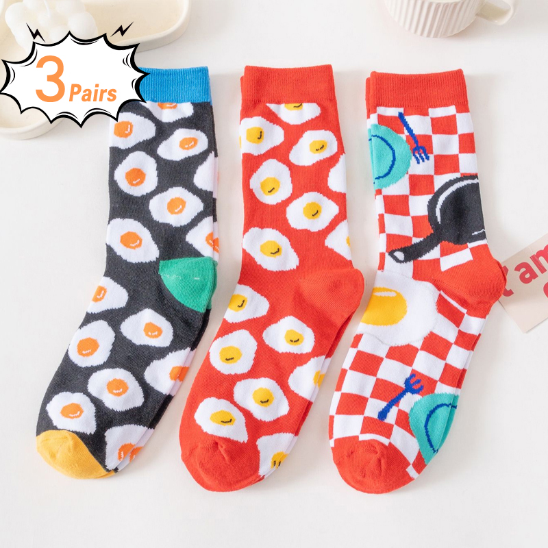 3 đôi tất nữ kẻ sọc, tất dài vừa họa tiết trứng tráng hoạt hình ngộ nghĩnh, dễ thương, tất thể thao nam