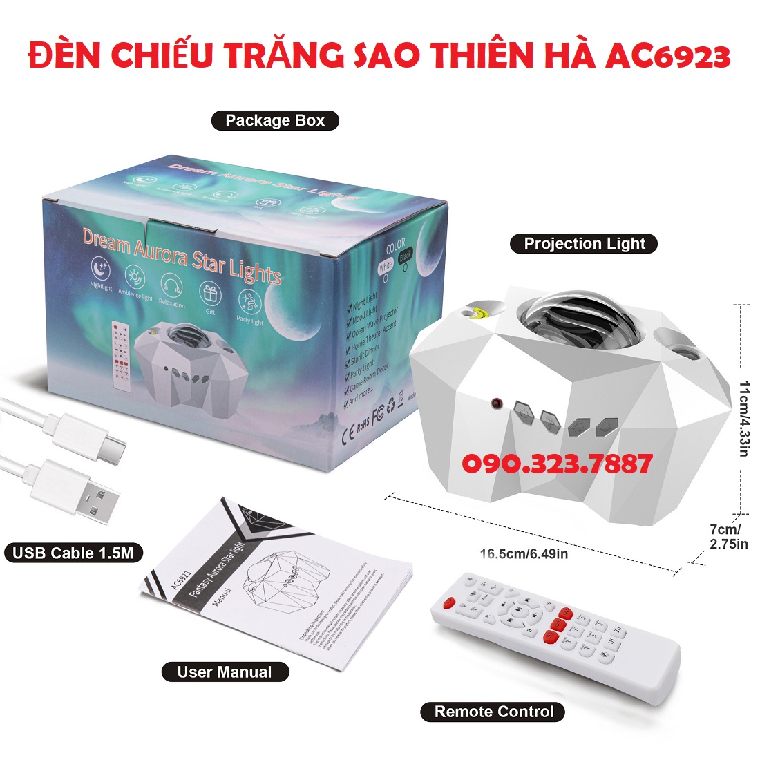 Đèn chiếu sao thiên hà AC6923 màng mây V5 có Loa Bluetooth, Đèn Trôi Dải Ngân Hà.