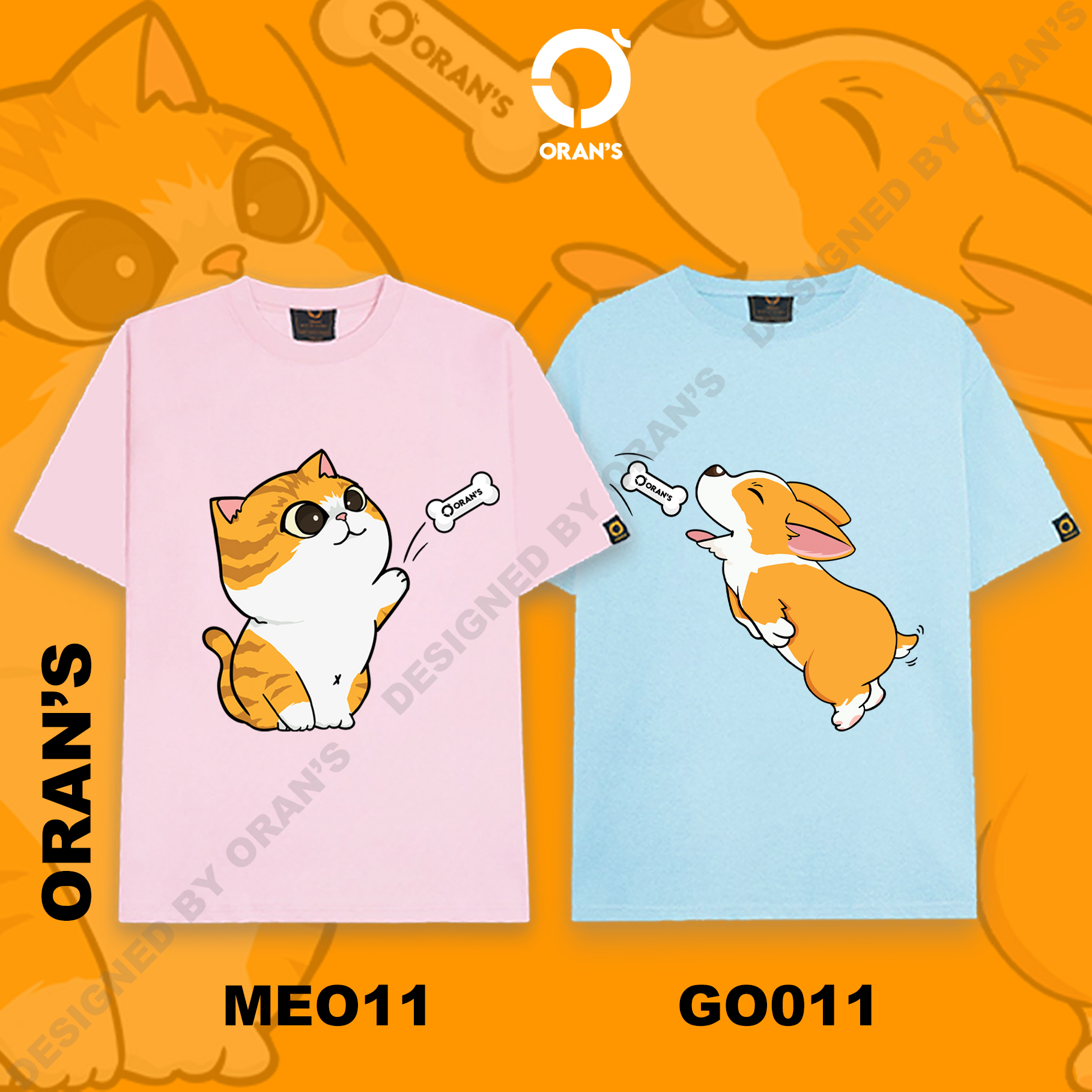Áo thun đôi in hình chó mèo 11 dễ thương nam nữ phông tay lỡ Oversize chất COTTON 4C cao cấp, FULLBOX - ORAN'S TEE - Chó Corgi và Mèo Quàng Thượng