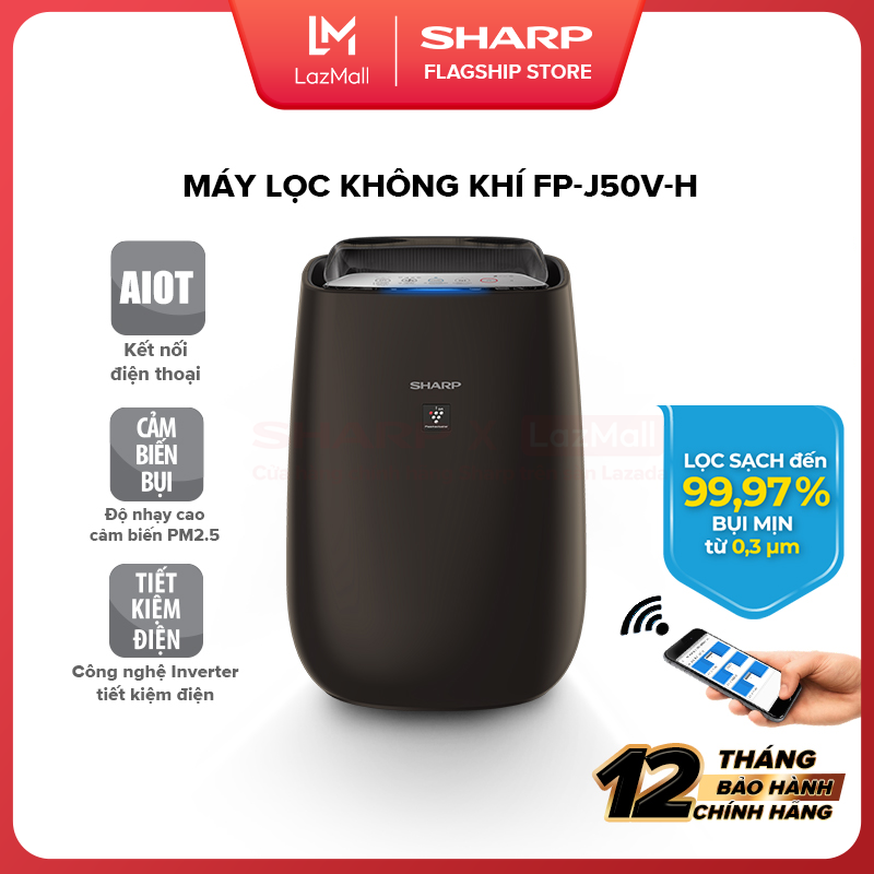 Trả góp 0% - Máy Lọc Không Khí Kết Nối Điện Thoại Wifi Sharp FP-J50V-H Hàng Thái Lan [Kích Thước Phòng 40m² Có Cảm Biến Chất Lượng Không Khí Lọc Bụi PM2.5 Khử Mùi Bụi Thô]