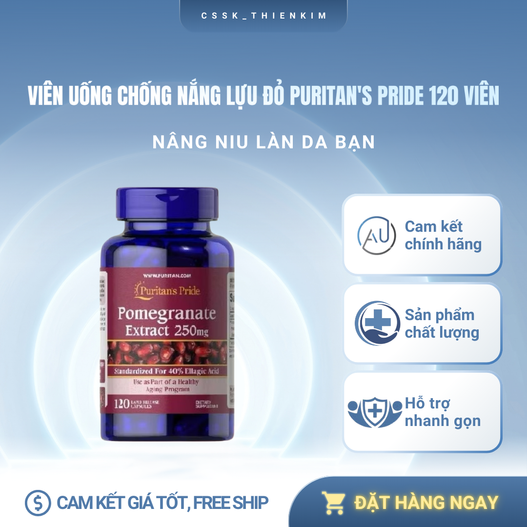 Viên Uống Lựu Chống Nắng Nội Sinh, Trắng Da, Giảm Nám Pomegranate Extract 250mg Puritan's Pride 120 viên