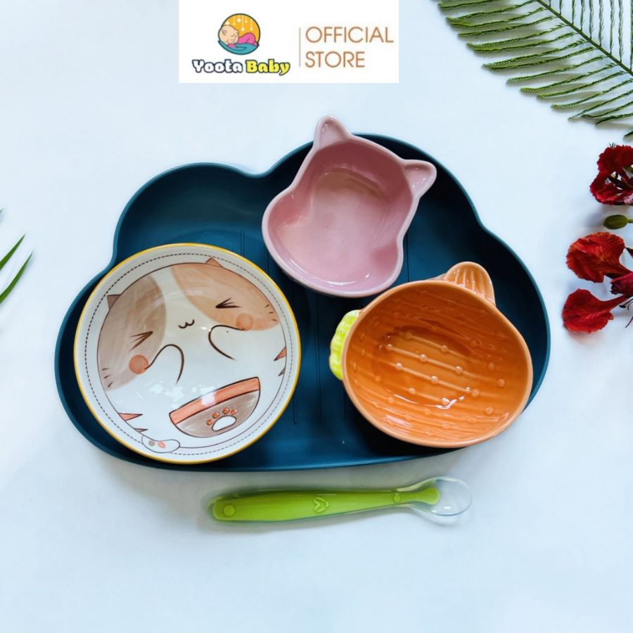 Combo bát sứ ăn dặm hình thú ngộ nghĩnh cho bé kèm khay, 3 bát sứ và thìa silicone chống nóng