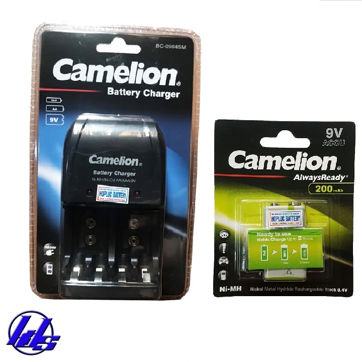 Bộ sạc pin aa, aaa, 9v camelion bc-0904sm kèm 1 pin sạc vuông 9v camelion nh-9v200arbp1 200mah