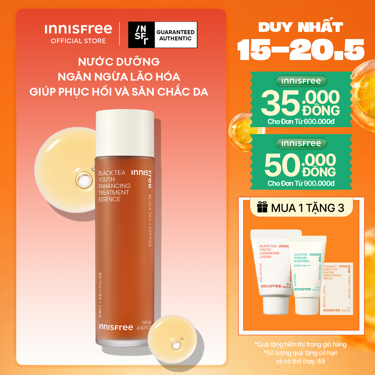 Nước dưỡng ngăn ngừa lão hóa từ trà đen INNISFREE Black tea Youth Enhancing Treatment Essence 145ml