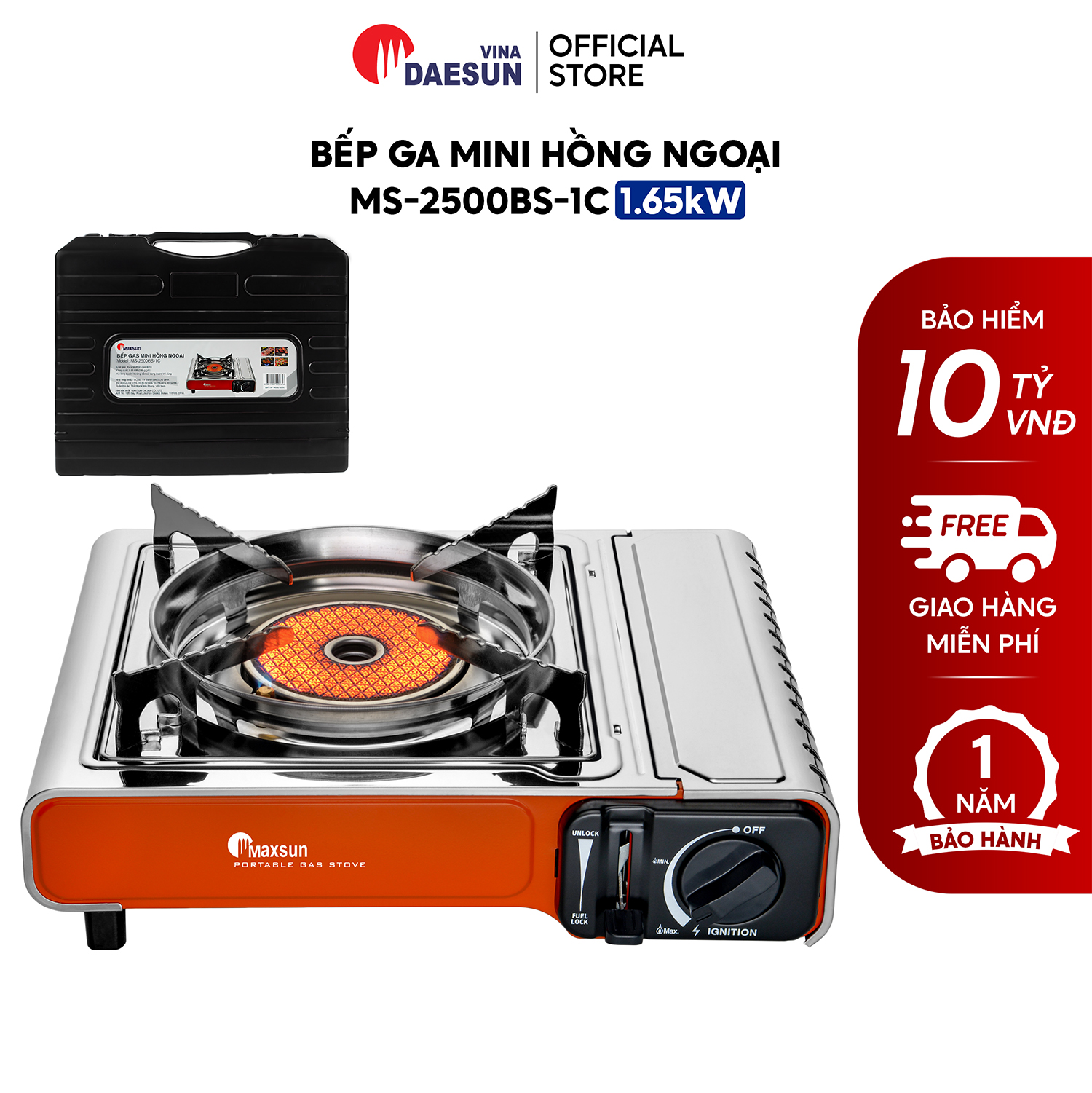 Bếp Ga Mini Hồng Ngoại Maxsun MS-2500BS-1C - Công Suất 1650W | Inox Chống Rỉ | Đầu Đốt Sứ Hồng Ngoại | Bảo Hành 12 Tháng