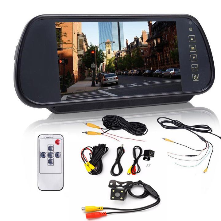 Combo màn hình lcd ốp gương ô tô hd 7 inch và camera lùi 4 led đen