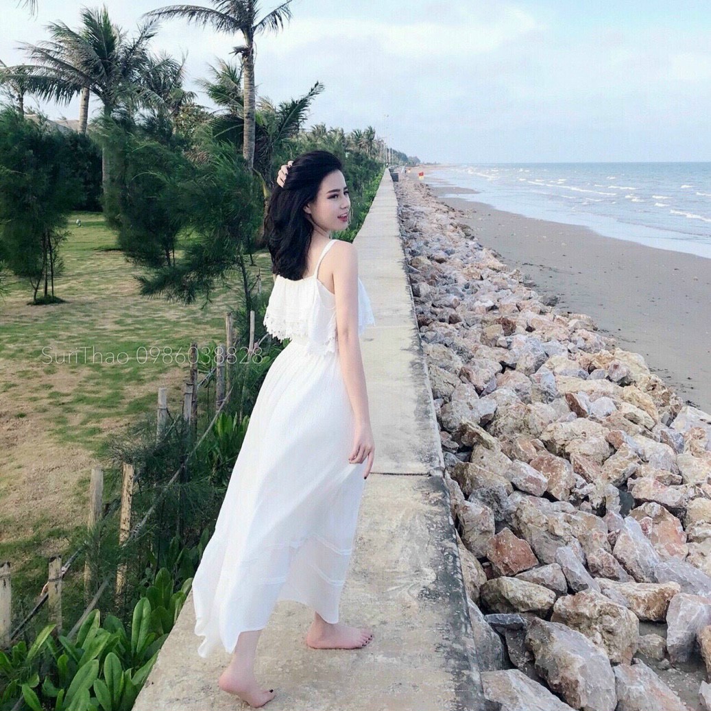 Váy đầm maxi 2 dây chất voan phối ren đi chơi đi biển