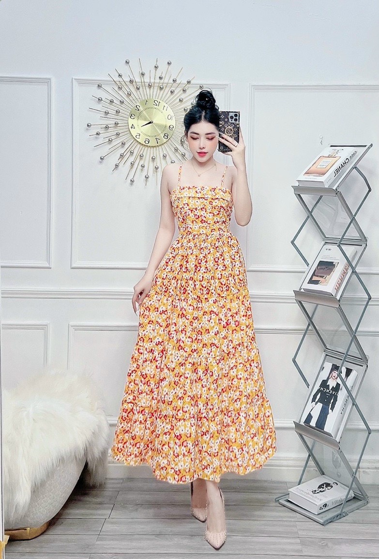 Đầm hai dây gấp ngực maxi hoa