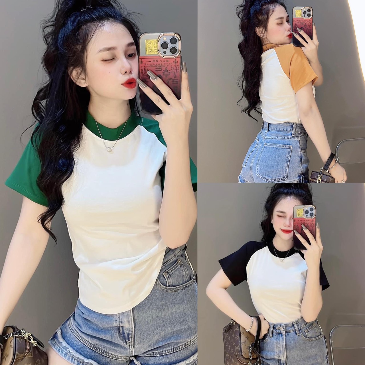 Áo thun nữ dáng ôm phối tay phom dài