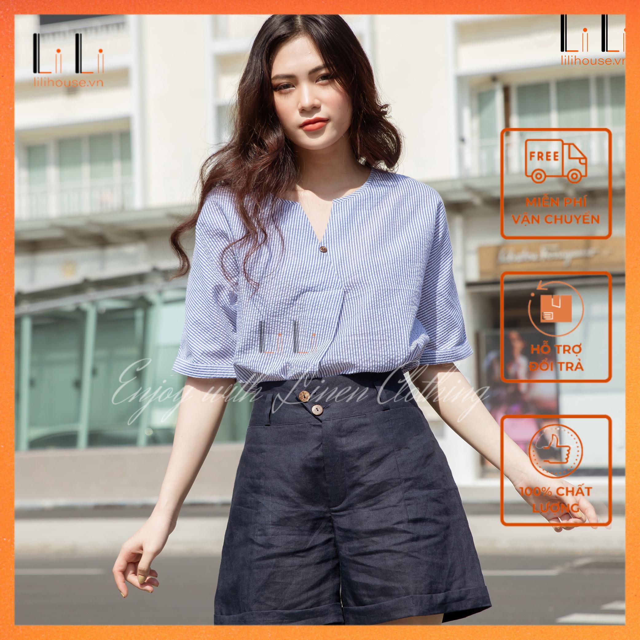 Áo sơ mi nữ kiểu tay lửng cổ V họa tiêt sọc phối short chất vải Linen không nhăn phong cách Vintage mặc đi làm đi chơi đều đẹp