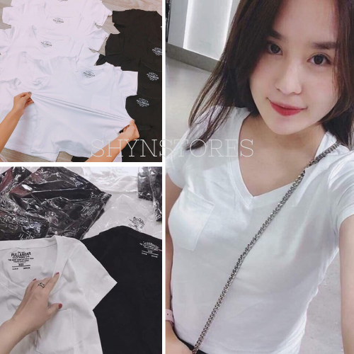 Áo phông nữ Shynstores - áo thun nữ cổ tim cộc tay vải cotton 95% có túi ngực freeship