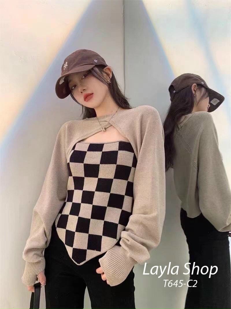 SET Áo Khoác Cardigan Nữ Tay Dài Cổ Điển Hàn Quốc , Áo Vest Không Tay Kẻ Ca Rô KÈM ÁO HAI DÂY