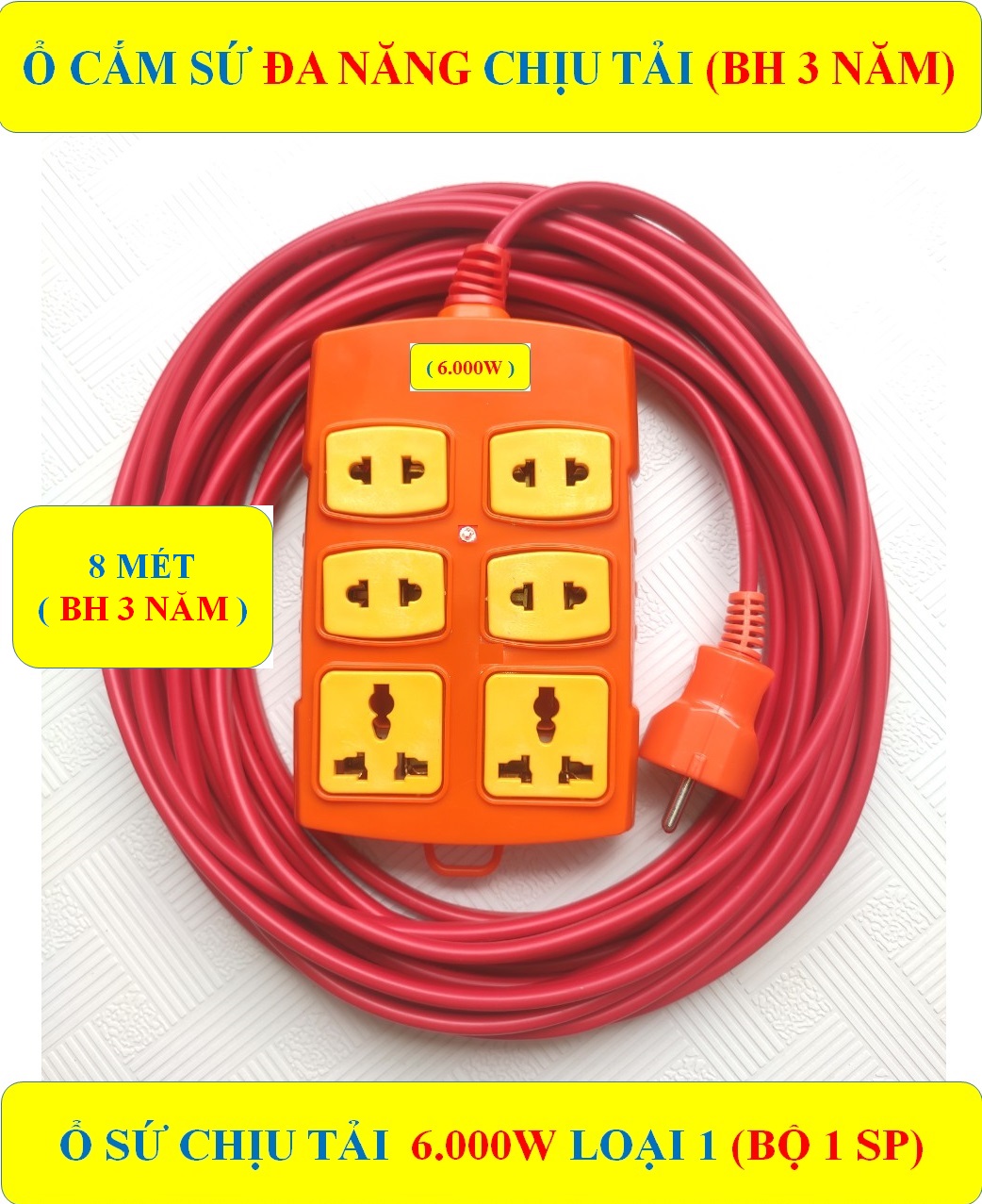 Ổ cắm điện CHỊU TẢI CAO 6.000W đa năng CAO CẤP + Dây 8 MÉT + (BH 3 NĂM) HÀNG LOẠI 1 CAO CẤP + 6 lỗ cắm SỨ chịu tải chịu nhiệt + Đèn LED báo (bộ 1 sản phẩm)
