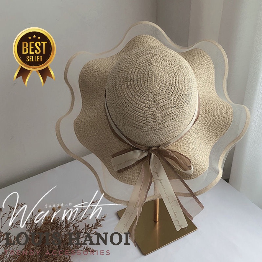 Mũ cói đi biển rộng vành, phối lưới lượn sóng & ruy băng thắt nơ xinh - nón cói cao cấp louis hanoi