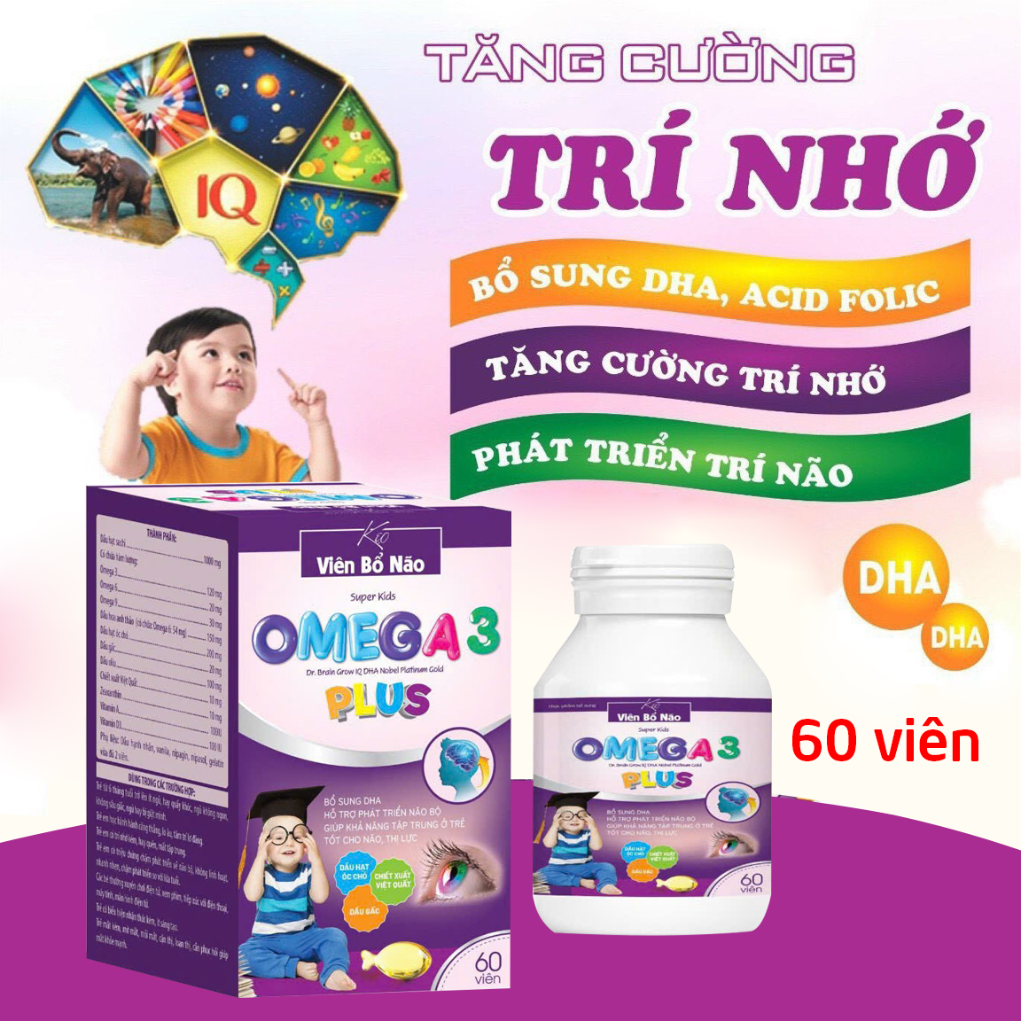 Viên bổ não omega 3 brain từ dầu gấc, hoa anh thảo, việt quất giúp tăng trí nhớ, tăng thị lực - Chai 60 viên