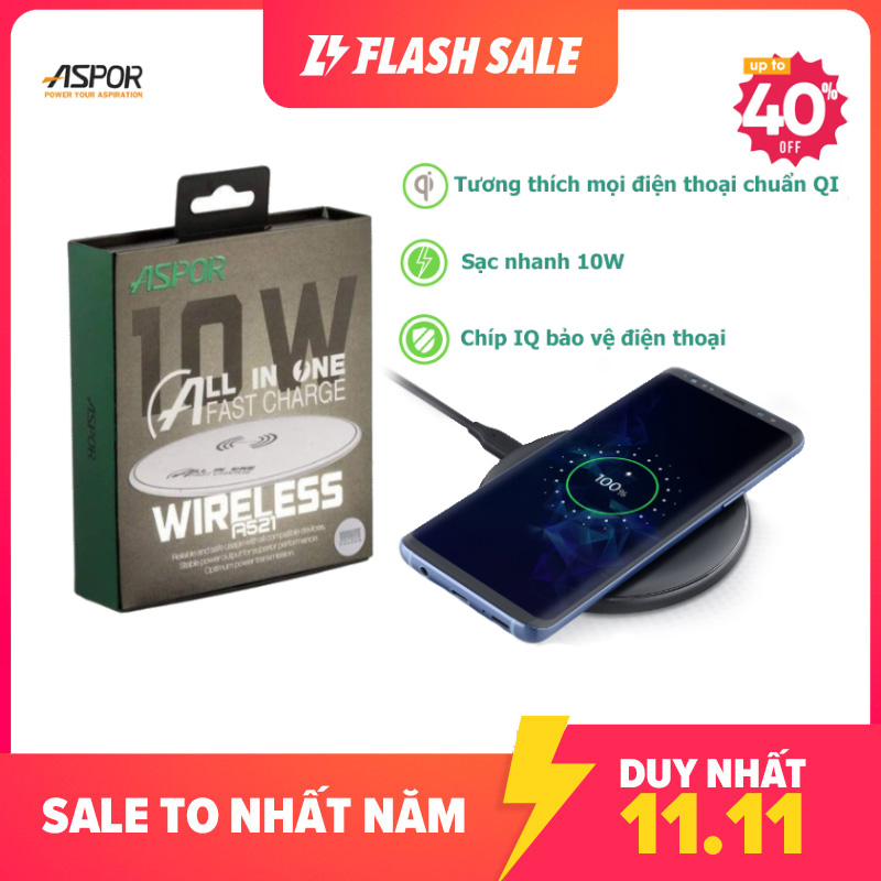 [ BẢO HÀNH CHÍNH HÃNG ]Đế sạc nhanh không dây QI - 10W Aspor A521 - Bộ sạc không dây sạc nhanh 10W - tương thích mọi thiết bị QI - Sạc không dây đồng hộ thông minh tai nghe bluetooth không dây - Bộ sạc nhanh 10W chính hãng