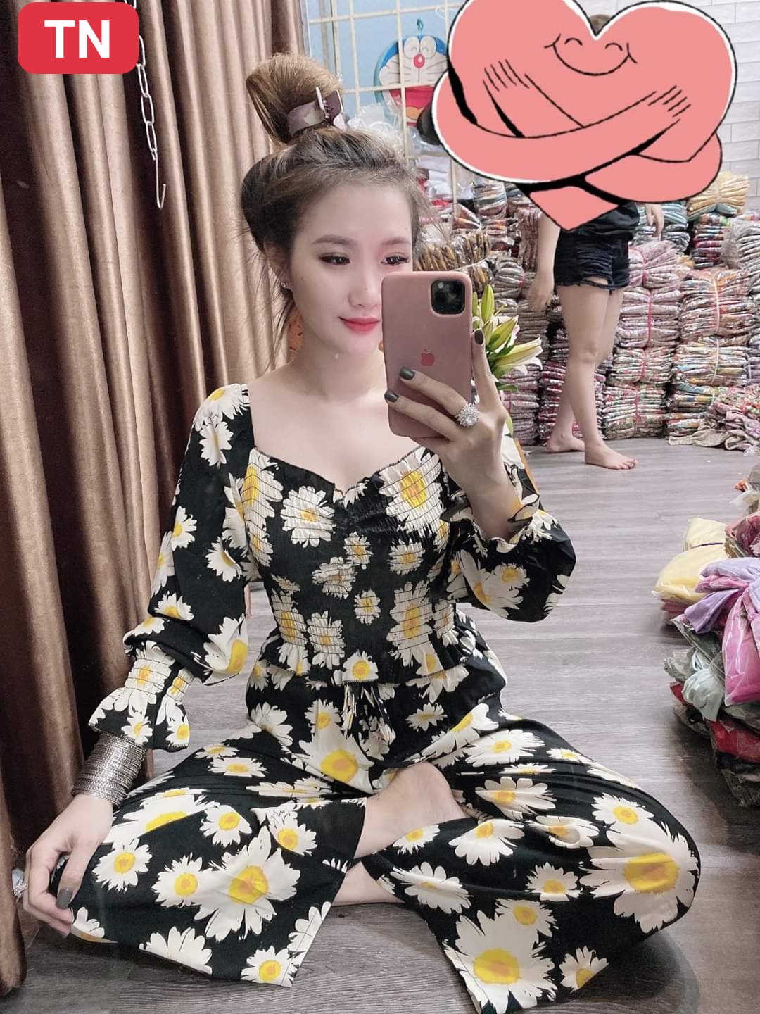 [HCM]Set bộ nữ áo áo cổ vuông tay dài dây rút + quần dài ống rộng họa tiết cúc họa mi #setbocuchomi