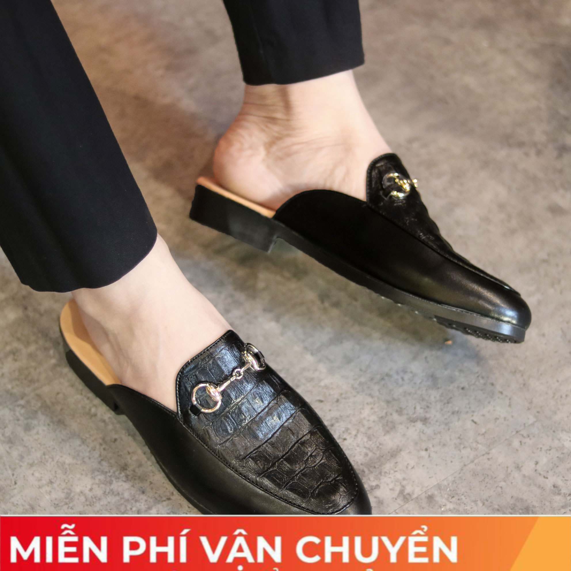 Giày sục da nam bóng dập vân cá sấu đai kim loại chống gỉ đế cao su non phom dáng hàn quốc