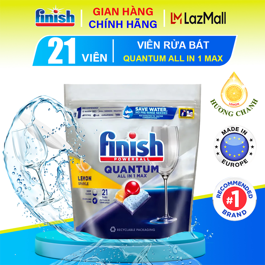 Viên rửa bát Finish Powerball Quantum All In 1 Lemon Sparkle hương chanh - Túi 21 viên rửa chén Fini