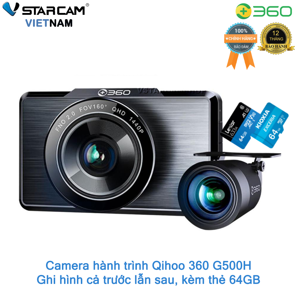Camera hành trình Qihoo 360 G500H quốc tế, độ phân giải 2K, ?ghi hình trước lẫn sau, bảo hành 12 thangs