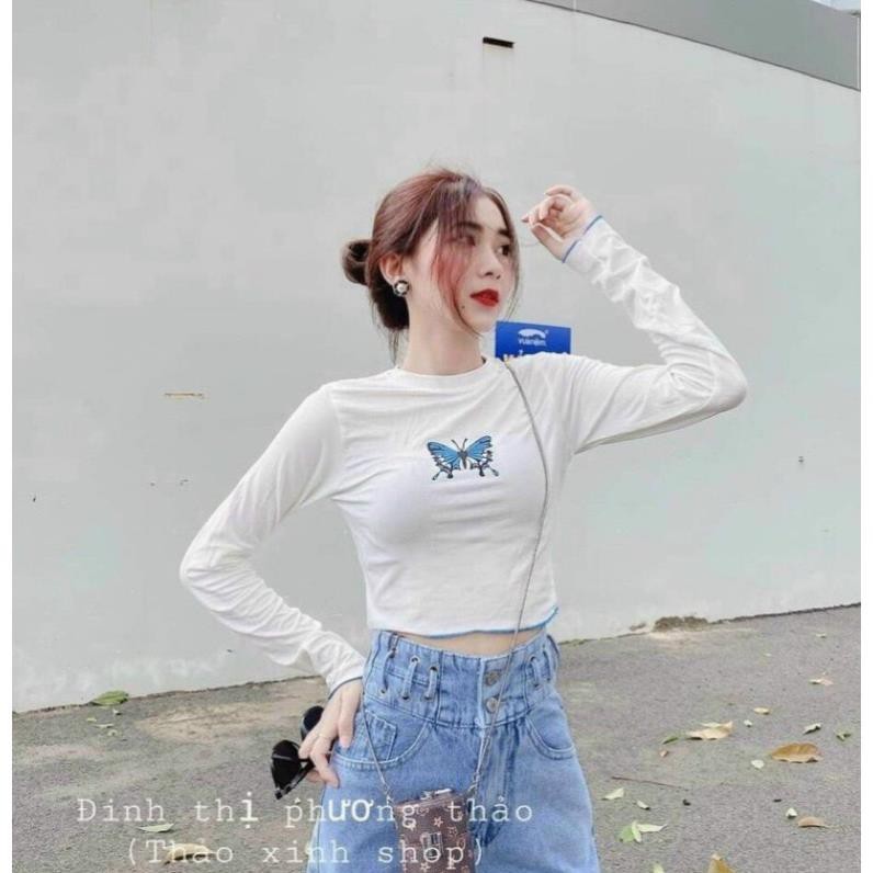 Áo croptop trắng thun tay dài cổ trắng in cánh bướm trắng đen shtacr06 bejolene