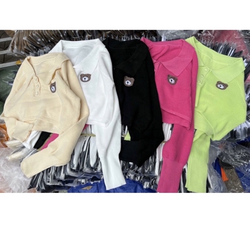 Áo len nữ Montoghi dệt kim thêu logo GẤU cổ bẻ TAY DÀI dáng CROPTOP phong cách Hàn Quốc xinh xắn
