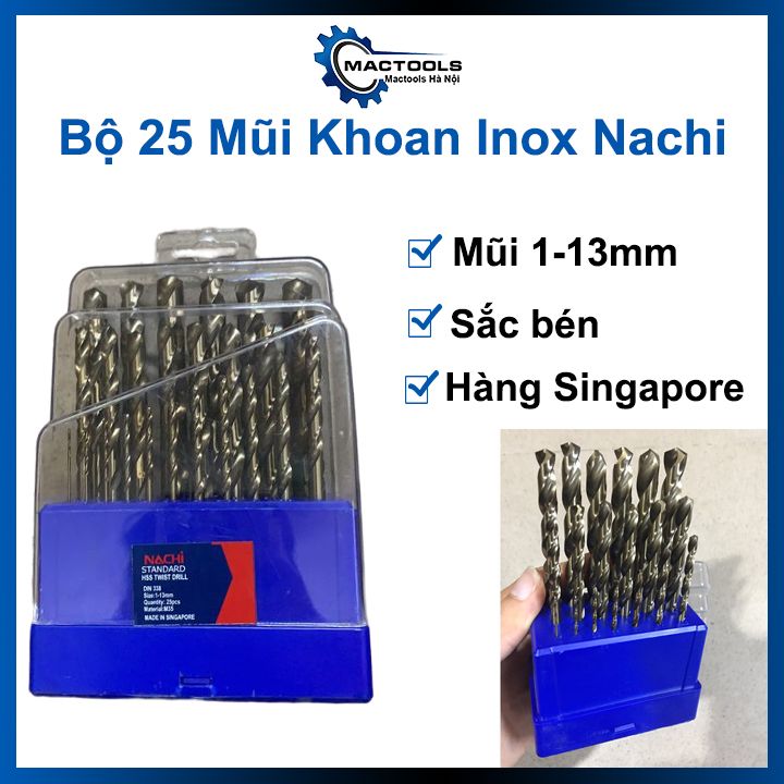 Bộ 25 mũi khoan chuyên inox Nachi đường kính mũi 1mm-13mm cao cấp sắc bén hàng Singapore