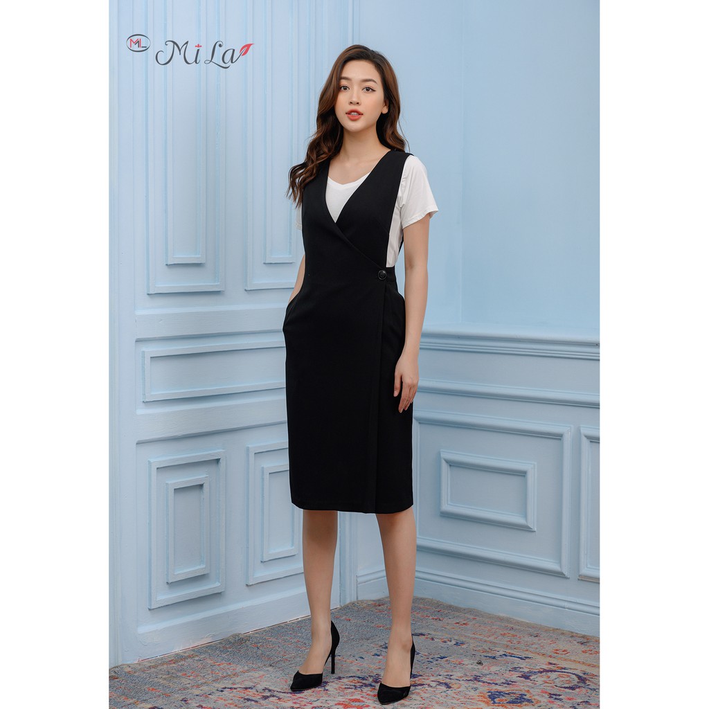 Đầm yếm cổ tim Mila Fashion eo kết khuy hai túi hông 20DK011DE hai màu
