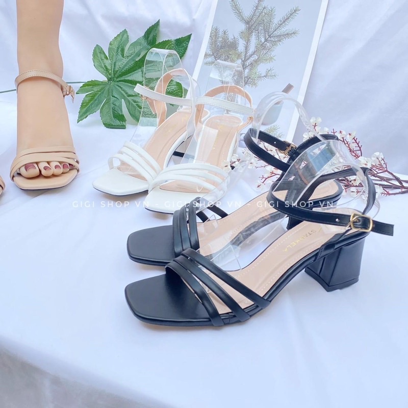 Giày cao gót vuông 5 phân 3 quai xéo da trơn mềm