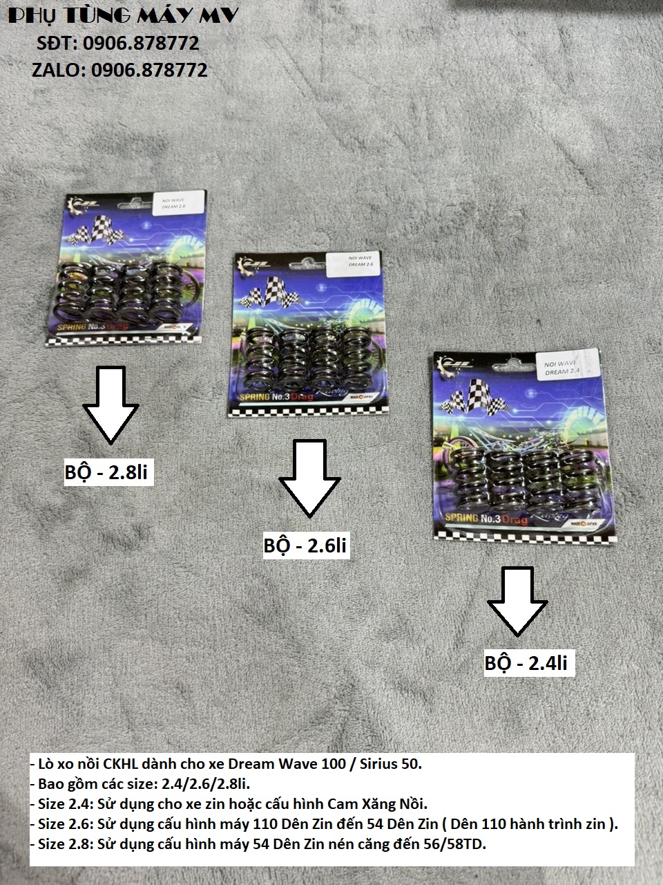 Lò xo nồi ckhl size 2.4/2.6/2.8 dành cho xe dream wave