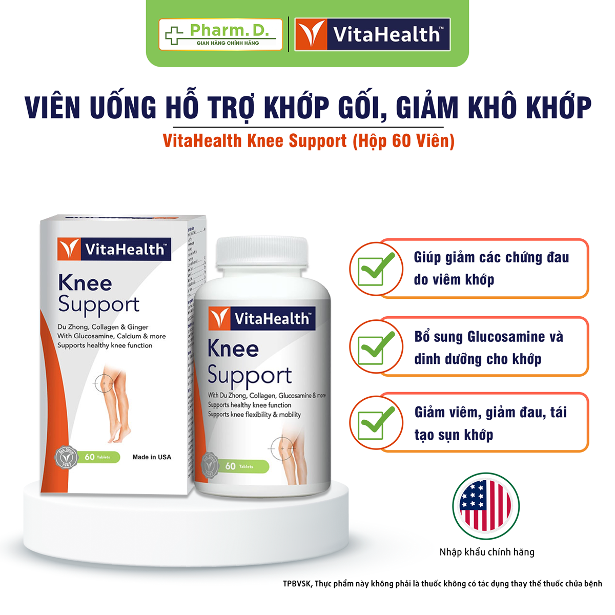 Viên uống VITAHEALTH Knee Support hỗ trợ tái tạo sụn khớp hỗ trợ khớp gối