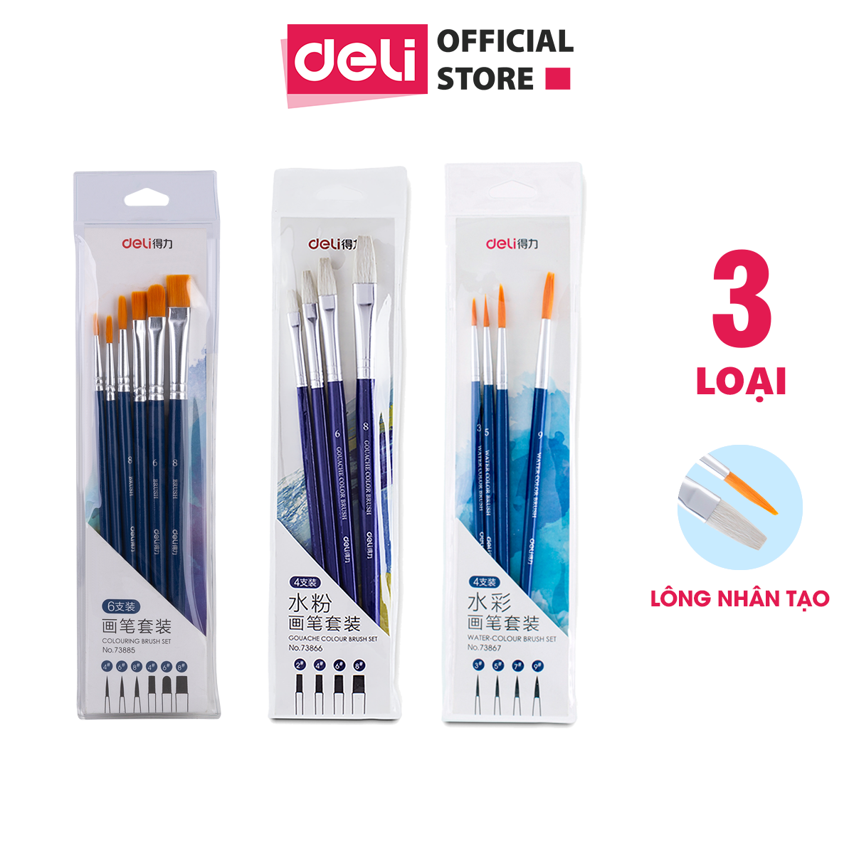 Bộ cọ vẽ chuyên nghiệp lông tự nhiên phiên bản nâng cấp Deli - dùng cho màu nước / bột /sơn acrylic / gouache - Set 4/ 6 cây - 1 túi - 73885 / 73866 / 73867/ 73921 / 73922 / 73923