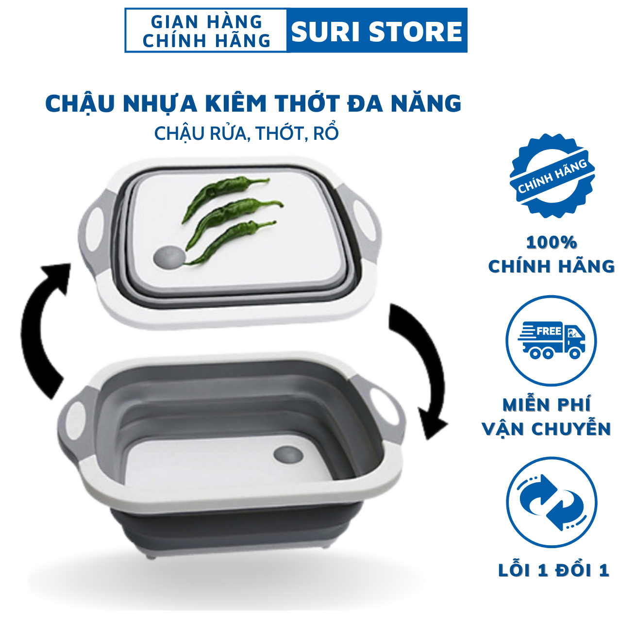 Thau Chậu Nhựa Kiêm Thớt Đa Năng 3 In 1 bao gồm thau chậu rửa, rổ đa năng, thớt siêu tiện dụng, có lỗ thoát nước tiện lợi Gia dụng SURI