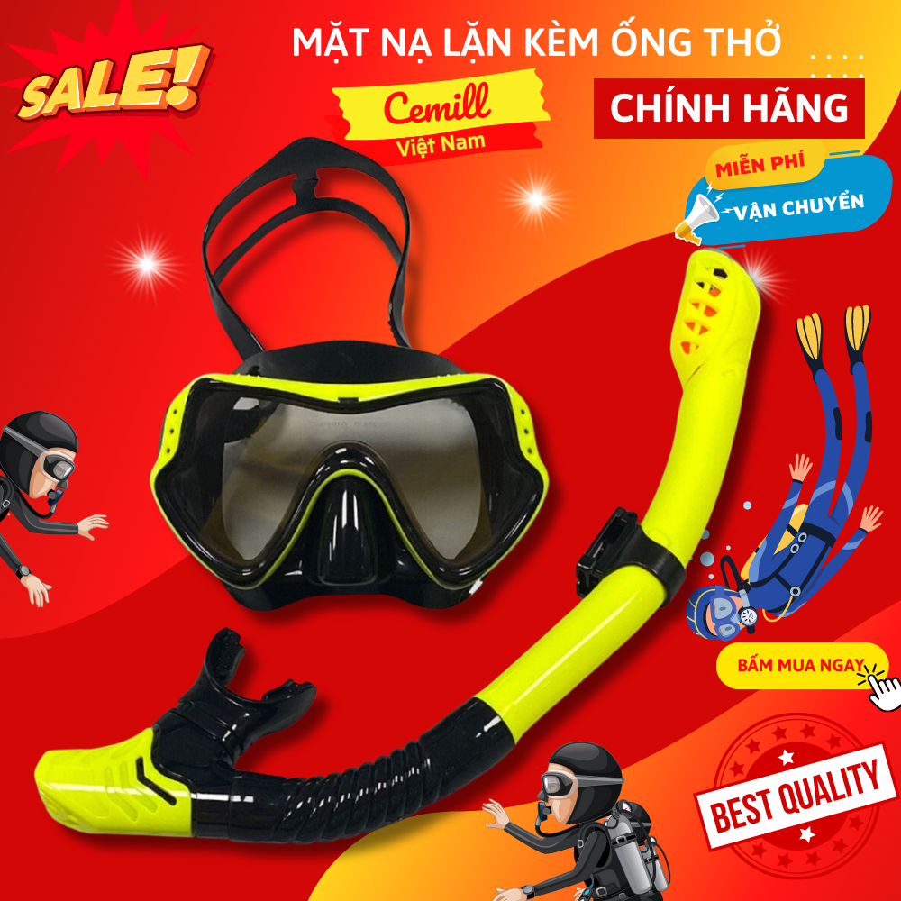 Mặt Nạ Lặn Kèm Ống Thở Lặn Biển Ngăn Nước Cao Cấp [MÀU VÀNG ĐEN] – Mặt Kính Cường Lực Chống Mờ Cao Cấp Chính Hãng Cemill