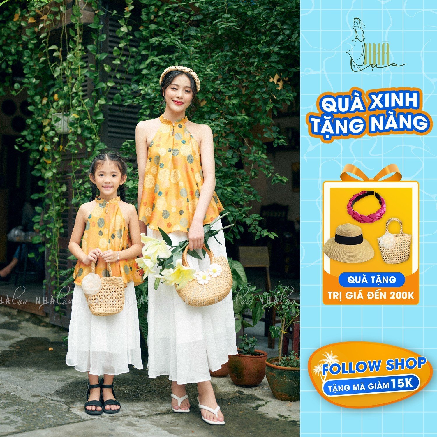 Set yếm lụa mẹ và bé gái Cát Tường - Áo yếm lụa, chân váy trắng xòe dài nổi bật Nhà Lụa YCT01