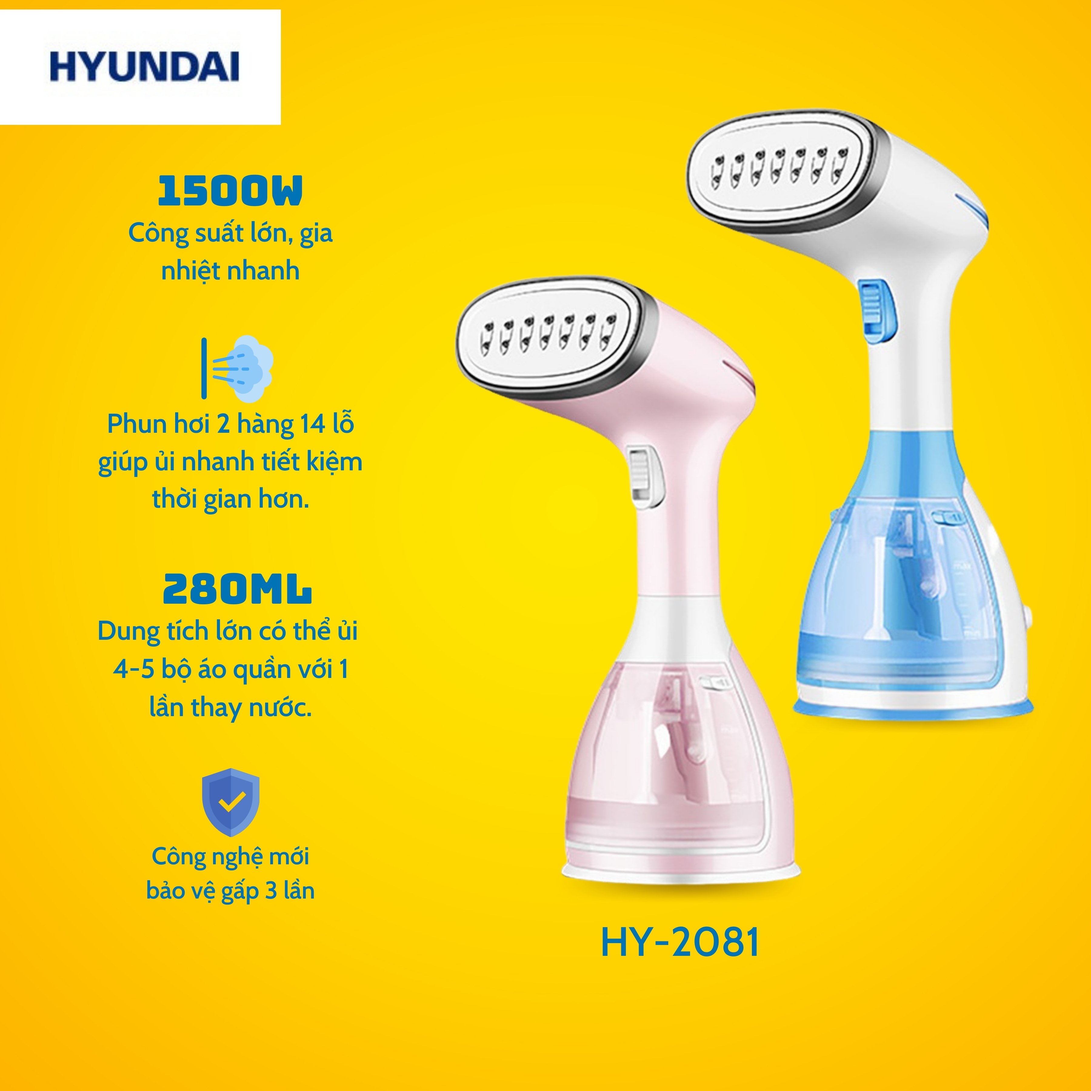 Bàn ủi hơi nước cầm tay HUYNDAI công suất 1500W,  bàn là hơi nước dùng tại nhà, du lịch [ BẢO HÀNH 1 NĂM ] - MIKIT HOUSE