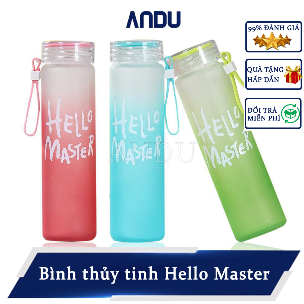 Bình nước thủy tinh hello master, chai thủy tinh đựng nước to 450ml siêu hot có dây cầm