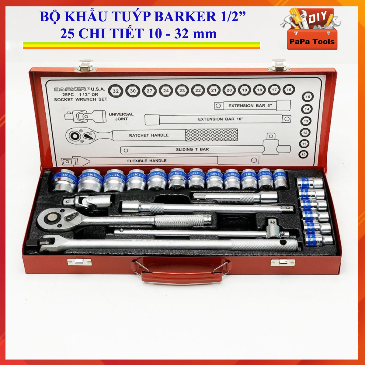 Bộ tuýp khẩu 25 chi tiết 1/2inch barker, 10-32mm đầu lục, cần siết tự động, cần trượt kéo, cần lắc léo