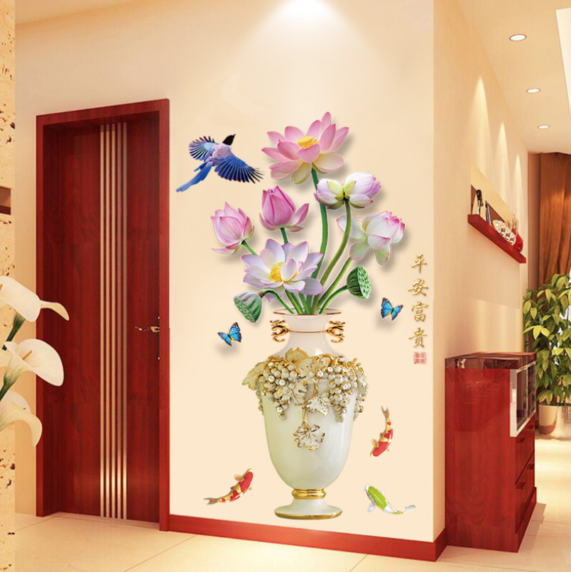 Decal dán tường decor phòng đẹp, sang trọng, ấn tượng: Bình hoa sen GN44