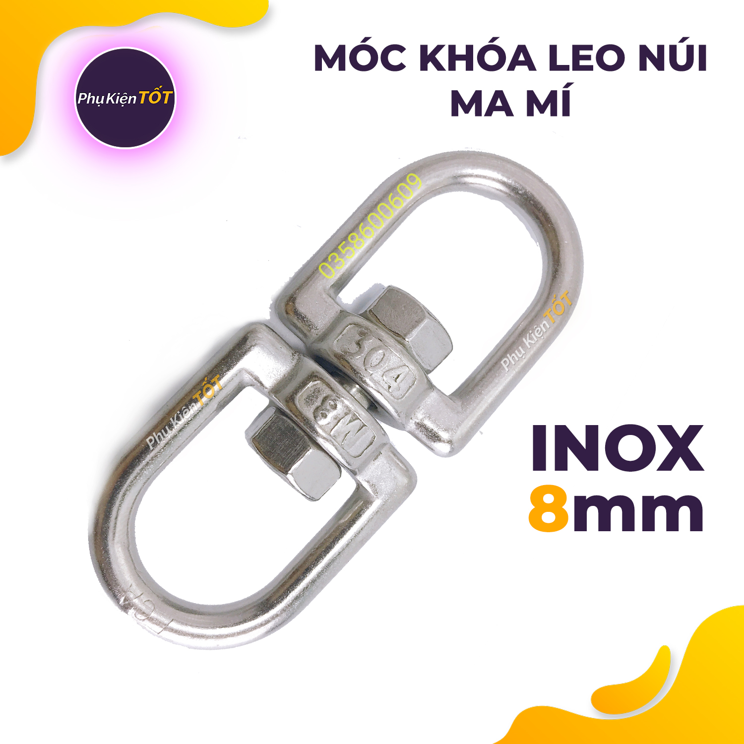 Móc khóa ma ní xoay leo núi , dã ngoại , treo võng inox 304 nguyên bản chịu lực tốt loại, khoen móc kéo 8mm