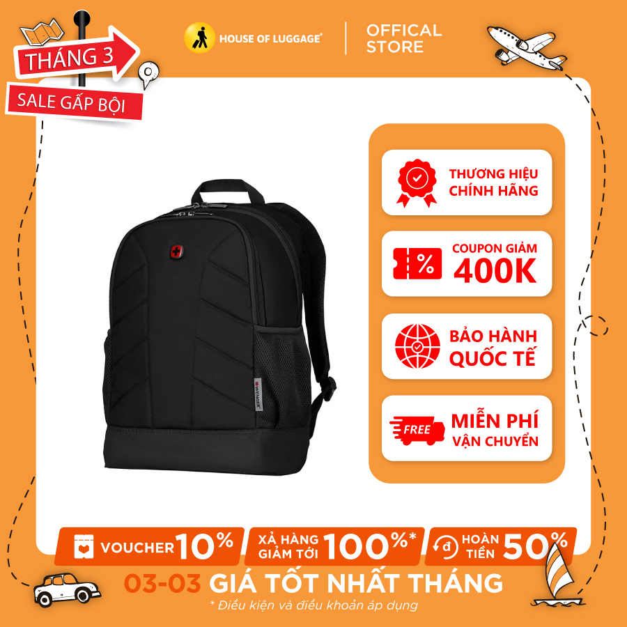 Balo laptop 16" Quadma WENGER - THỤY SĨ: Ngăn chứa bảo vệ laptop 16" Tổ chức nội thất phong phú, tiện dụng Túi lưới bên hông để chai nước hoặc dù xếp Dây đeo vai có thể điều chỉnh tạo sự thoải mái tối đa Đệm lưng êm ái, thoáng khí