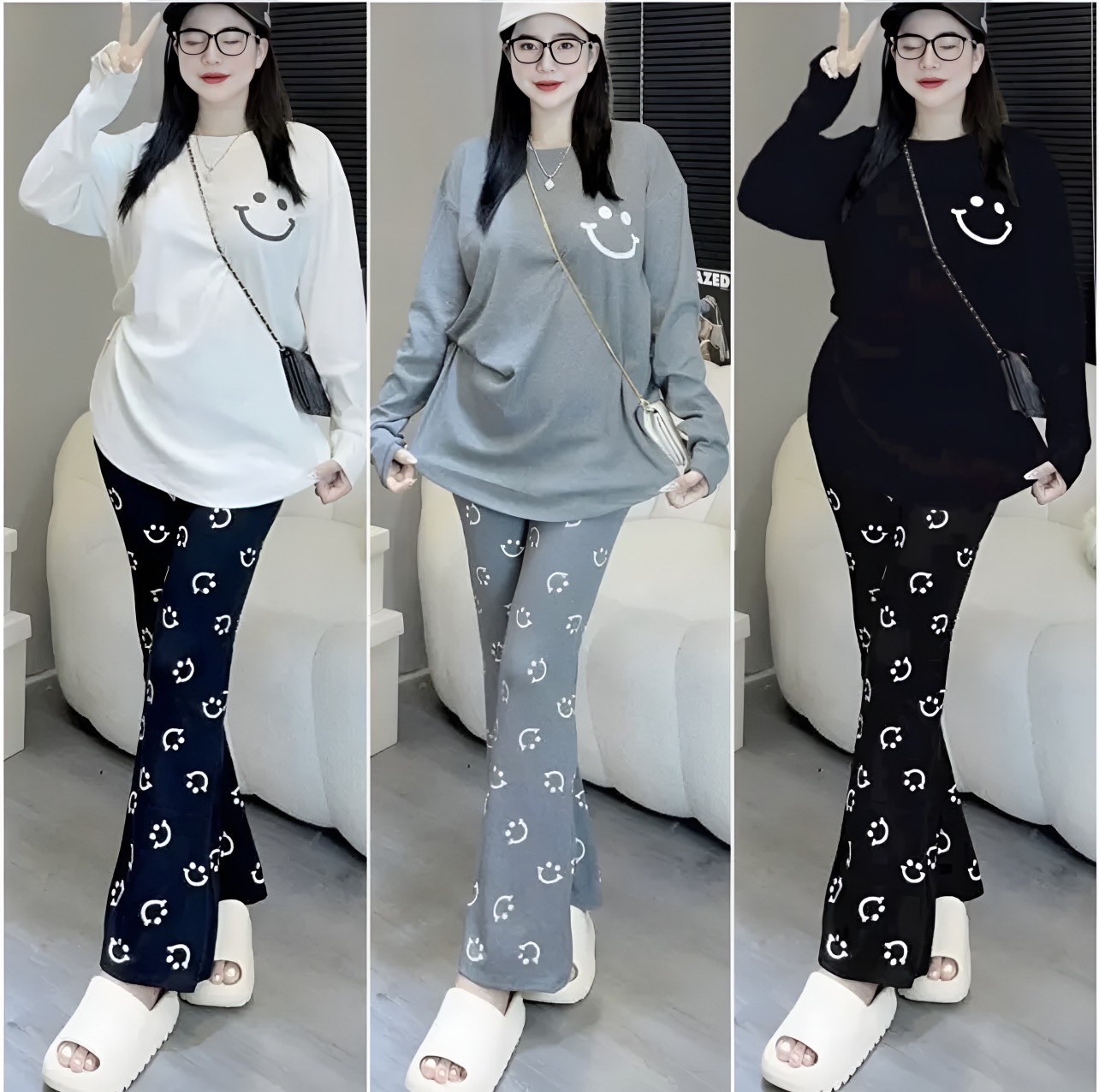 Sét bộ mặc nhà , đồ bộ nữ bigsize ,set bộ loe thun tăm bigsize in hình mặt cười