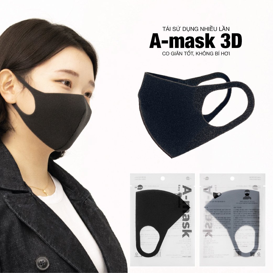 Combo 5 chiếc - khẩu trang vải su bọt biển 3d amask nhập khẩu hàn quốc chống bụi mịn, không đau tai, không mờ kính, giặt thoãi mái